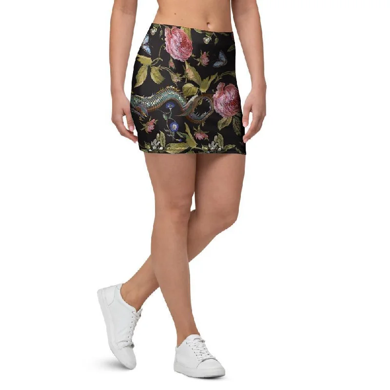 Janpanese Floral Dragon Print Mini Skirt