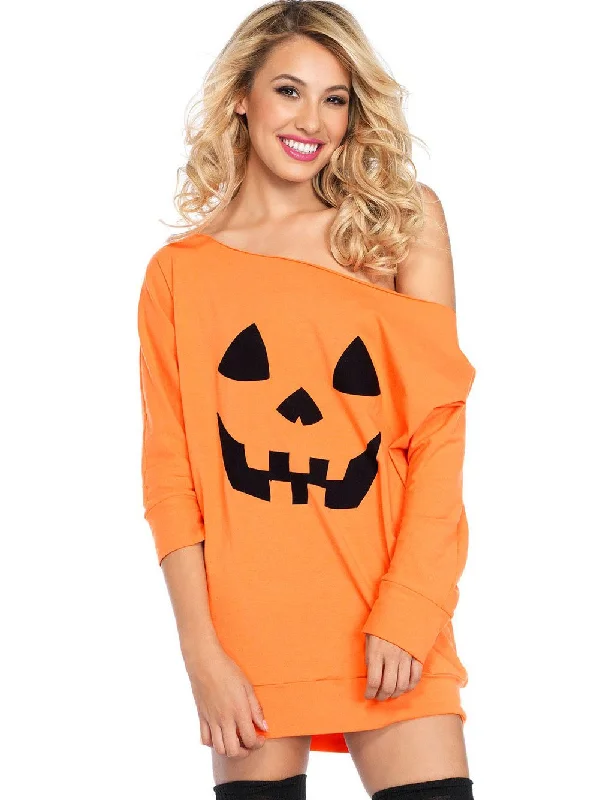 Trick Or Treat Pumpkin Print Cold Shoulder Mini Dress