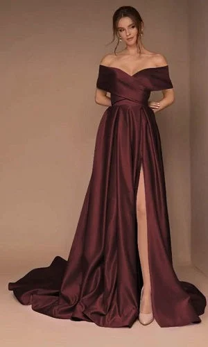 G905 (2),Dark Wine Satin Slit Cut Long Trail Shoot Gown, Size (All)