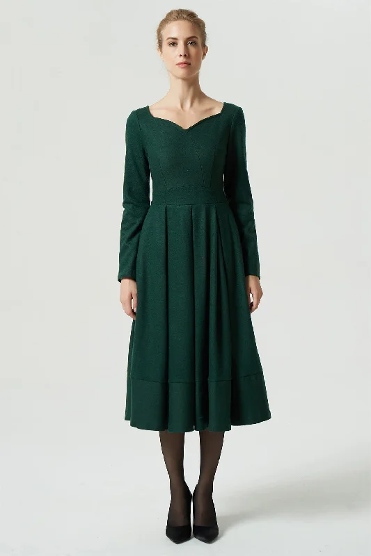 Green dress, wool dress, midi dress, pleated dress, long dress, winter dress, women dress 1993