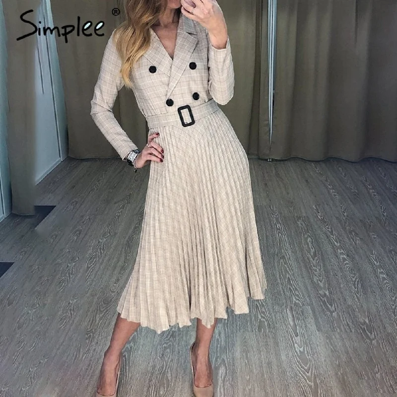 Back to College Simplee Vintage pleated belt plaid dress women Elegant office ladies blazer dresses Long sleeve female autumn midi party dress