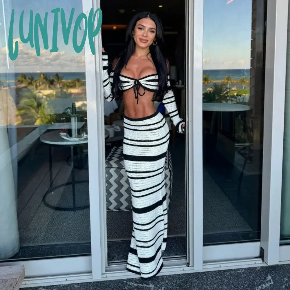 Lunivop Summer Knitted Beach Skirt Sets Women Sexy Backless Slim Bohemian Outfits Fashion Striped Holiday Two Piece Matching Set 2024