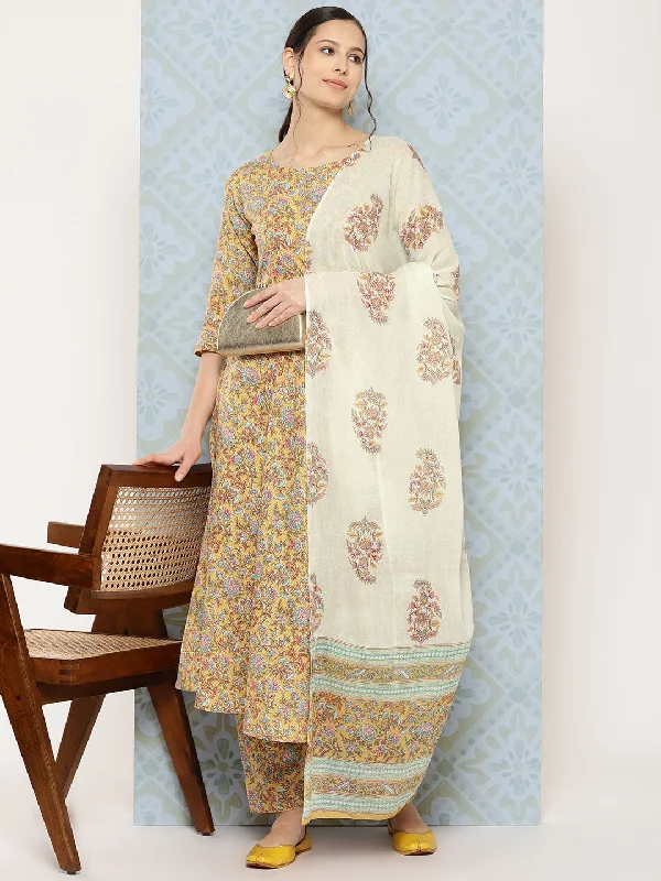 NOZ2TOZ Women Yellow Printed Anarkali Kurta With Trouser And Dupatta