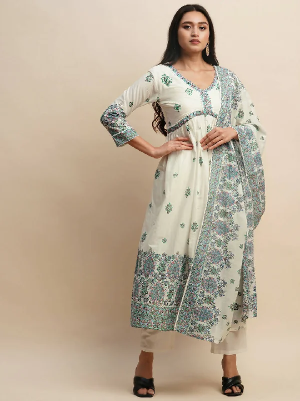 White And Blue Pure Cotton Floral Printed Anarkali Kurta And Bottom With Dupatta - Akashara