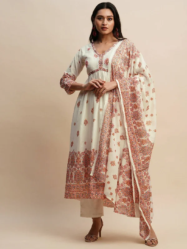 White And Peach Pure Cotton Floral Printed Anarkali Kurta And Bottom With Dupatta - Akashara