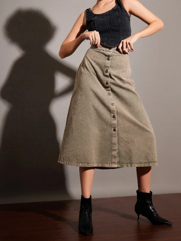 Lyush Women Beige Washed Denim A-Line Skirt