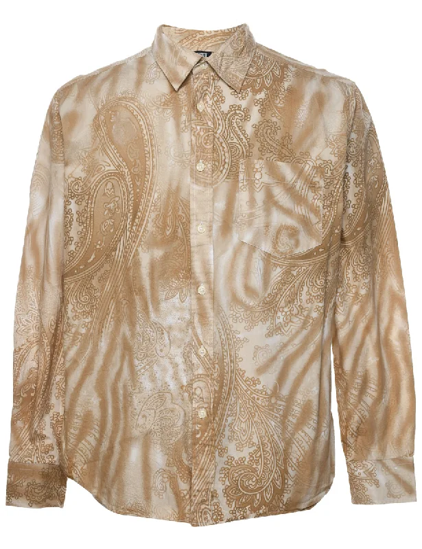 1990s Paisley Print Light Brown & White Shirt - M