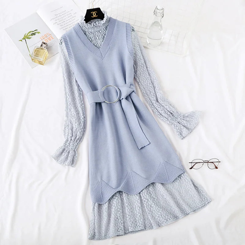 Minority LACE VEST knitted dress fashion suit two piece set female  2473