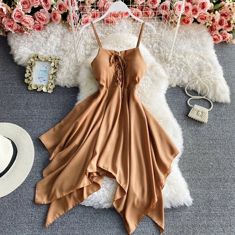 Solid lace up slim sleeveless irregular large hem strapless dress  2721