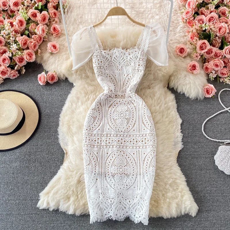 Square neck bubble sleeve high waist slim fit medium and long lace dress  2731