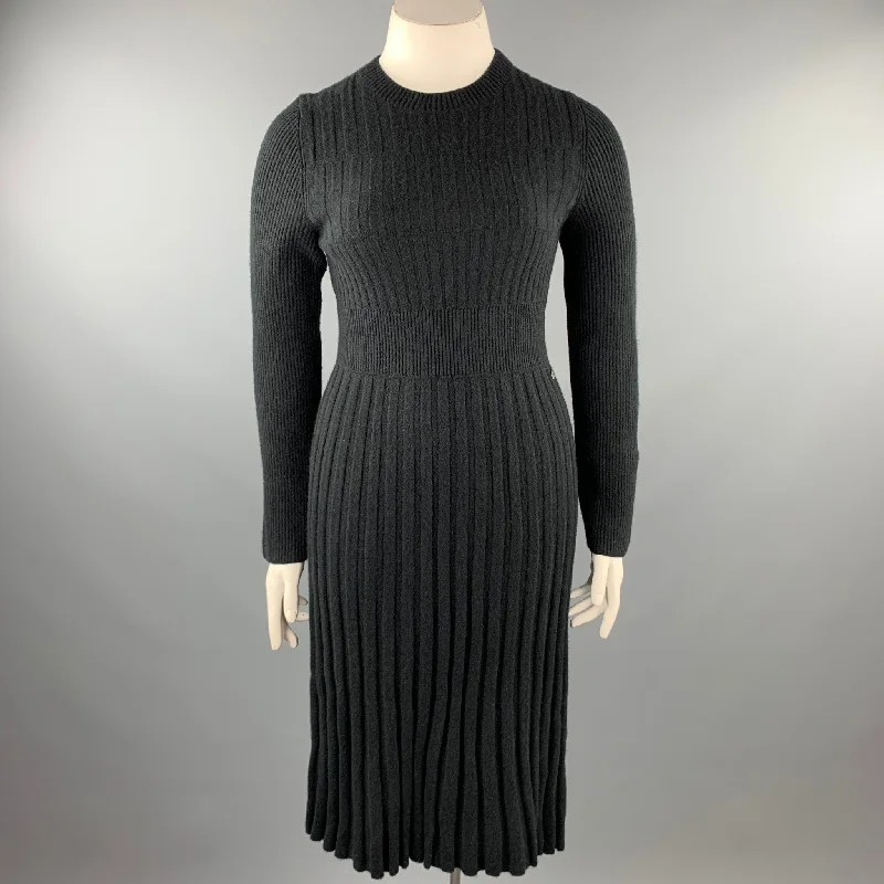 CHANEL Size 10 Black Knitted Pleated Wool Crew-Neck Sweater Dress