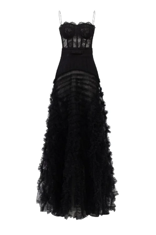 RAANANA BLACK LACE MIXED TULLE GOWN