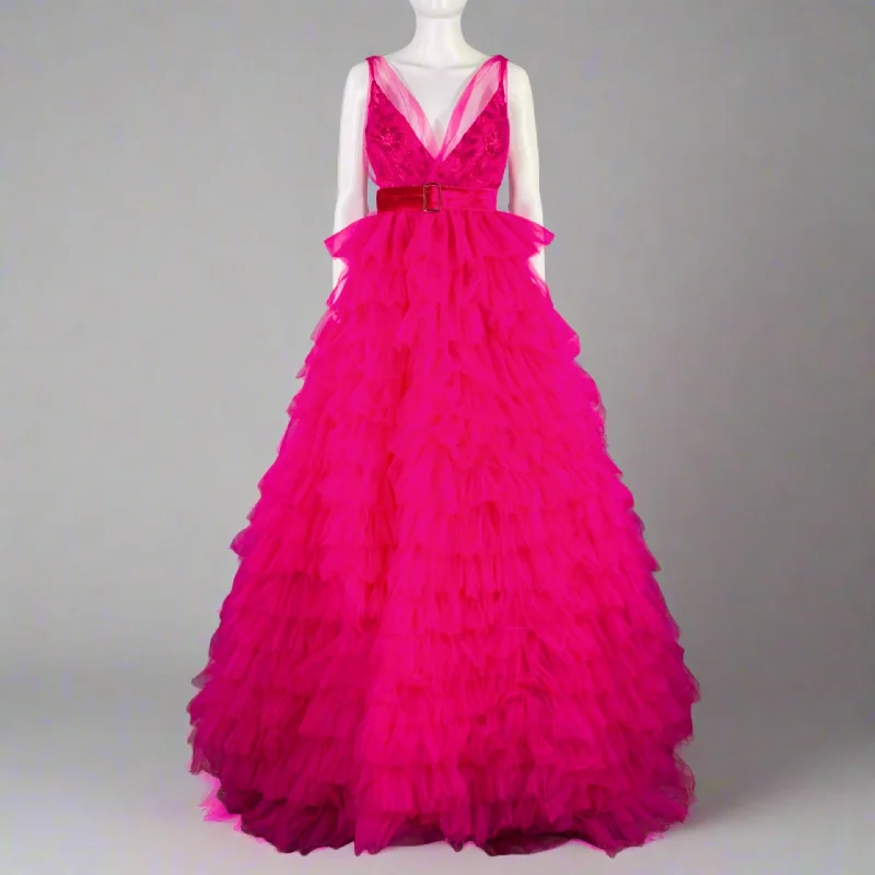 TEUTA MATOSHI Size S Purple Fuchsia Tulle Ruffled Sleeveless Gown