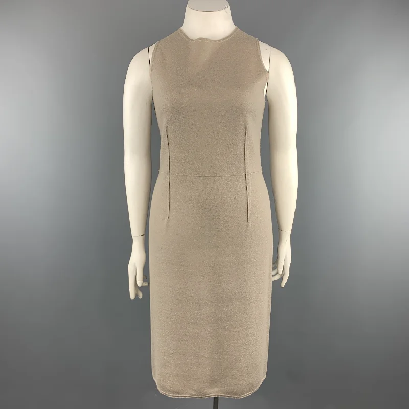 THE ROW Size L Taupe Virgin Wool Blend Knit Sleeveless Sheath Sweater Dress