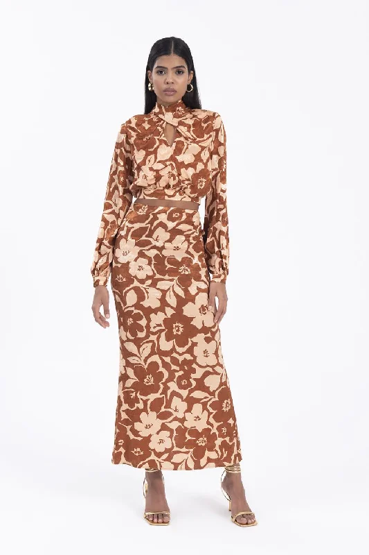 Brown Floral Patterned Tight Midi Skirt