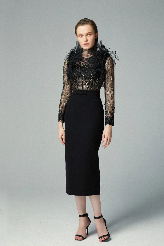 Mesh feathered top with midi skirt