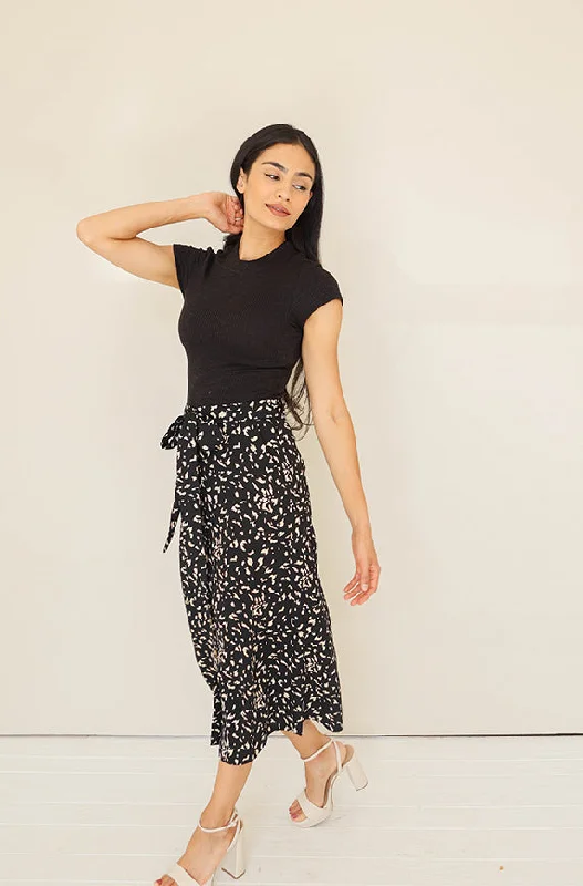 Karlie Black/ Ivory Print Midi Skirt- FINAL SALE