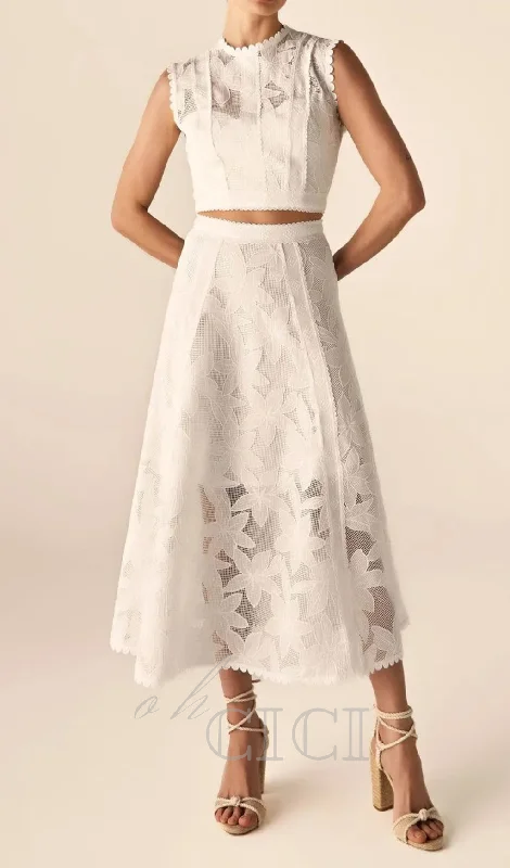 Guipure Mesh Midi Skirt Crop Top Set in white