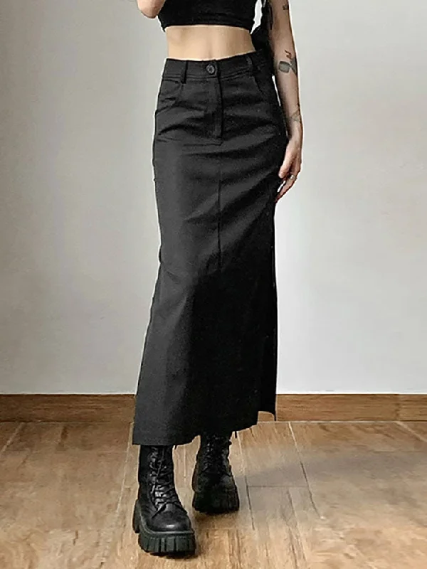 Goth Dark Grunge Casual Tag Split Women Midi Skirts Mall Gothic Punk High Raise Slim Long Skirt Y2k Sexy Fashion Streetwear