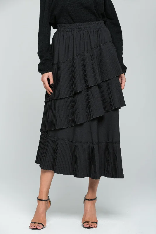 Solid Black Ribbed Tiered Midi Skirt